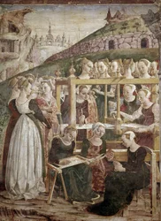 Alegorie pochodu, detail triumfu Minervy s tkaním žen) detail - freska od Francesca del Cossa (cca 1436-vers 1478) Ferrara (Ferrara) Palazzo Schifanoia, Salone dei Mesi