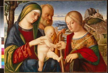 Mystická svatba svaté Kateřiny - Malba Francesca di Bernardo de Vecchi Santacroce (1505-1545), olej na plátně, 47,5x67 cm - Mystická svatba svaté Kateřiny, Olej na plátně Francesca di Bernardo de Vecchi Santacroce - State A Push