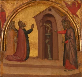 Svatý Jan Evangelista způsobí kolaps pohanského chrámu, ca. 1370.