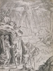 Dido a Aeneas se ukrývají v jeskyni (mytí na papíře)