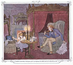 Každý večer na ni král seděl a díval se na ni s křížkem po funuse, z knihy The Magic Fishbone pub.by Warne  Co, cca 1940 (barevná litografie).