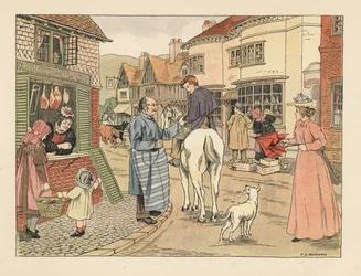 Viktoriánský řezník a řezník na koních ve vesnické ulici. Chromolitografie podle ilustrace Francise Donkina Bedforda z knihy Edwarda Verralla Lucase The Book of Shops.