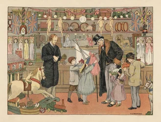 Viktoriánské děti vybírají se svým strýcem hračky v hračkářství. Chromolitografie podle ilustrace Francise Donkina Bedforda z knihy Edwarda Verralla Lucase The Book of Shops.