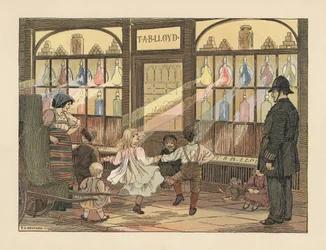 Viktoriánské děti tančí před lékárnou a policista je pozoruje. Chromolitografie podle ilustrace Francise Donkina Bedforda z knihy Edwarda Verralla Lucase The Book of Shops.
