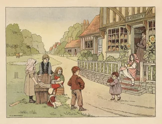 Viktoriánské děti před vesnickou pekárnou B. Crusty. Chromolitografie podle ilustrace Francise Donkina Bedforda z knihy Edwarda Verralla Lucase The Book of Shops.