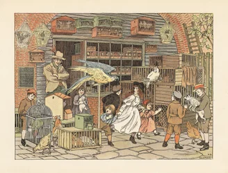 Viktoriánské děti hrající si s papoušky a kakaduy v obchodě chovatele ptáků nebo ve zverimexu. Chromolitografie podle ilustrace Francise Donkina Bedforda z knihy The Book of Shops Edwarda Verralla Lucase