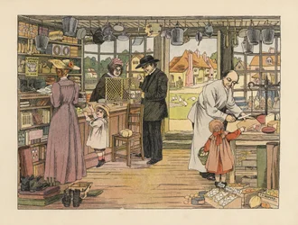 Viktoriánští zákazníci nakupující ve vesnickém obchodě šunku, knihy a poštovní poukázky. Chromolitografie podle ilustrace Francise Donkina Bedforda z knihy Edwarda Verralla Lucase The Book of Shops.