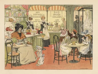 Viktoriánští zákazníci v čajovně a cukrárně. Chromolitografie podle ilustrace Francise Donkina Bedforda z knihy Edwarda Verralla Lucase The Book of Shops.
