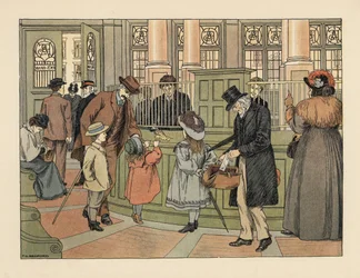 Viktoriánská rodina v bance vybírá u pokladníka peníze pomocí bankovních lístků. Chromolitografie podle ilustrace Francise Donkina Bedforda z knihy Edwarda Verralla Lucase The Book of Shops.