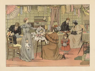 Viktoriánské matky a děti si zkoušejí čepce u mlynáře. Chromolitografie podle ilustrace Francise Donkina Bedforda z knihy Edwarda Verralla Lucase The Book of Shops.