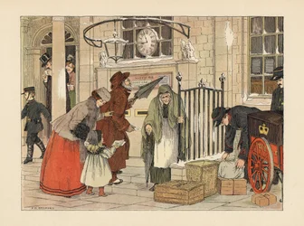 Viktoriánští lidé odesílají dopisy na poště v blízkosti Štědrého dne. Chromolitografie podle ilustrace Francise Donkina Bedforda z knihy Edwarda Verralla Lucase The Book of Shops.