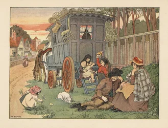 Viktoriánští potulní košíkáři se svým zbožím na střeše karavanu. Chromolitografie podle ilustrace Francise Donkina Bedforda z knihy Edwarda Verralla Lucase The Book of Shops.