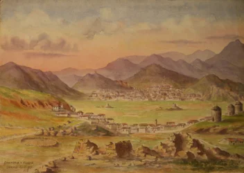 Pohled na Smandrii a Kondii na ostrově Lemnos, Řecko, duben 1917 (akvarel na papíře)