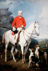Portrét Charlese Trelawnyho, Esq., mistra dartmoorského honu, na jeho oblíbeném loveckém koni Grimaldi, se psy Conqueror, Lounger a Windermere