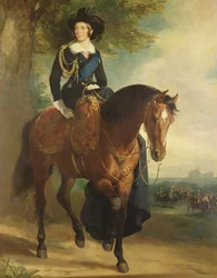 Portrét královny Viktorie na koni s Windsorským hradem, vévodou z Wellingtonu a Household Brigade v pozadí