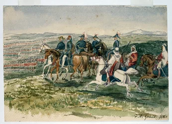 Stráže a Highlanders přijali Omar Pasha a maršál St Arnaud pod velením vévody z Cambridge v Aladynu, 6. července 1854