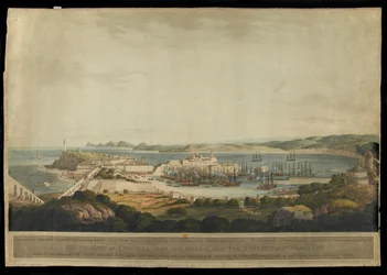 Jižní pohled na Corunnu z výšin u kláštera sv. Markéty, ryl H. Merke, vydáno 1809 (barevná akvatinta)