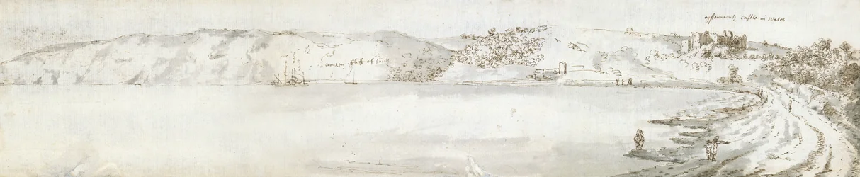Hrad Oystermouth, asi 1678 (akvarel a hnědá tuš na papíře)