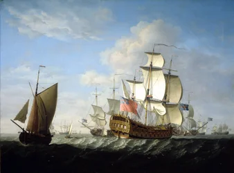 Britská eskadra Královského námořnictva na moři. Olej na plátně, přibližně konec 40. let 17. století, autor Francis Swaine (1725-1782).