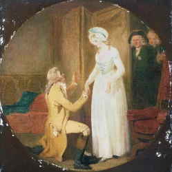 V. dějství, scéna III ze hry She Stoops to Conquer od Olivera Goldsmitha (1730-1774)