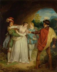 Valentýn zachraňující Sylvii před Proteem, ze Shakespearových „Dva pánové z Verony“, dějství V, scéna 4, jeskyně psanců
