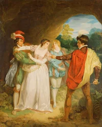Valentine zachraňující Silvii z Protea, z filmu Williama Shakespeara „Dva gentlemani z Verony“