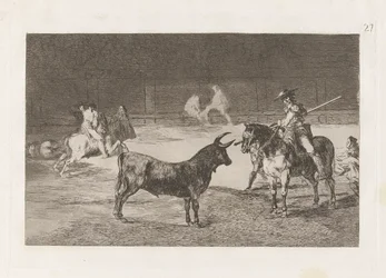 El c?lebre Fernando del Toro, barilarguero, nutící šelmu tyčí (Oslavovaný Picador, Fernando del Toro, přitahuje divokou bestii svým Piquem), Deska 27 z La tauromaquia