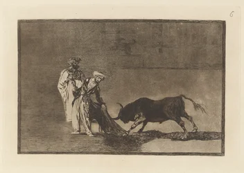 Maurové provádějí v aréně se svým burnusem jiné capeo, tabule 6 z La tauromaquia