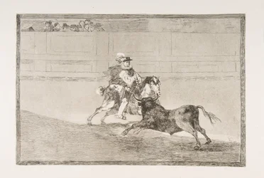 Deska 13 „Tauromaquia“: Španělský rytíř na koni v prstenu lámající krátká kopí ..., 1816.