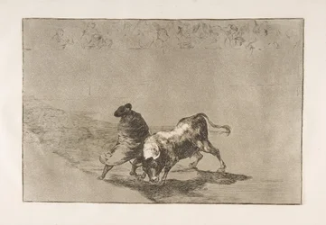 Deska 14 z Tauromaquia: Velmi zručný Falcesův student, zabalený do pláště..., 1816.