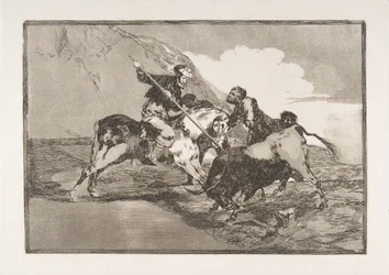 Deska 1 z Tauromaquia: Způsob, jakým staří Španělé lovili býky na hor..., 1816.