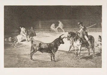 Talíř 27 z Tauromaquia: Slavný picador, Fernando del Toro, kreslí ohnivé..., 1816.