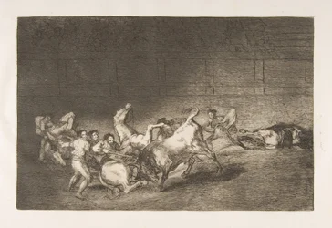 Deska 32 z Tauromaquia: Dva týmy pikadorů házené jeden po druhém za zpěvu..., 1816.