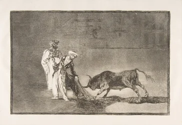 List 6 z cyklu „Tauromachie“: Maurové předvádějí v aréně jinou hru a lákají býka svým burnusem, 1816.