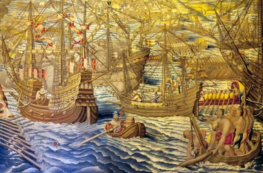 Lodě a korba - Detail conquete z Tunisu (Tunisko) - Gobelín od Francisca a Cornelia Van der Ggot (18. století), vetkaný do královské továrny na gobelín, polovina 18. století, po gobelínu ze 16. století Willem de Pannemaker - (Tun