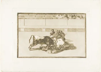 Picador is Unhorsed and Falls under the Bull, deska 26 z The Art of Bullfighting