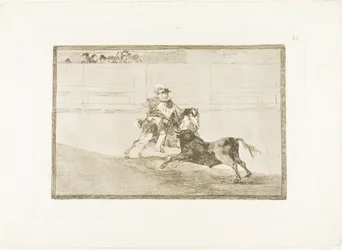 Španělský jízdní rytíř v ringu lámající krátká kopí bez pomoci asistentů, deska 13 z The Art of Bullfighting