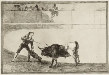 Pedro Romero zabíjí zastaveného býka. 1816. (25,1 x 35,9 cm). Pedro Romero (1754-1839). Španělský toreador. List 30 z cyklu „Umění býčích zápasů“. Španělsko. Madrid (autonomní společenství). Madrid. Národní knihovna