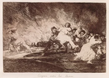 Prchají plameny. 1810-1812. (16,1 x 23,3 cm). List 47 z cyklu „Hrůzy války“. Španělsko. Madrid (autonomní společenství). Madrid. Národní knihovna