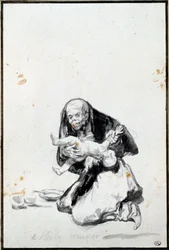 Špatná žena. Zlá žena. Scéna antropofagie, čarodějnice požírá dítě. Šedá lavírovaná kresba Francisca Goyi y Lucientese (1746-1828). V. 0,21 x 0,14 m. Paříž, Musée du Louvre