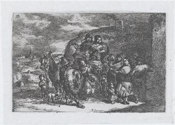 Deska 13: skupina lidí venku, včetně možná hudebníků, ze série cust..., 1850.