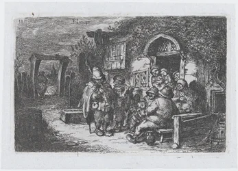 Deska 18: pouliční hudebníci a další postavy mimo krčmu, ze série celníků ..., 1850.