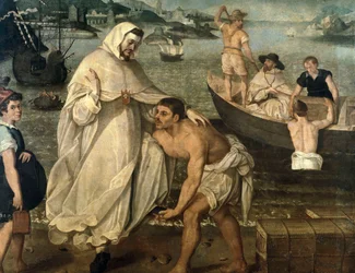 Saint Peter Nolasque (1189-1256) se vydává osvobodit křesťanské zajatce držené jako rukojmí maurskými piráty, aby byli prodáni jako otroci v Africe (obraz)