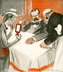 Anglický pár zápasící s jídelníčkem ve francouzské restauraci, 1903