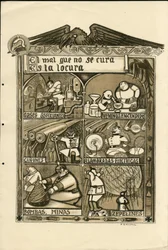 Ilustrace Francisco Sancha Lengo (1874-1936) - Létající list, cca 1915 - Zlo, které není vyléčeno, je šílenství - Válka 14-18, Německo Prusko, Dusivý plyn, Španělský jazyk, Zahraniční tisk