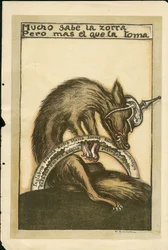 Ilustrace Francisco Sancha Lengo (1874-1936) - létající list, ca. 1915 - Mucho sabe la zorra pero mal el que la toma - Válka 14-18, Německo Prusko, Bojovníci a symboly, Spojenci, Španělský jazyk, Zahraniční tisk - Fox -, Obstrukce, Animace