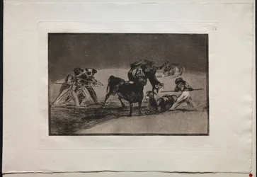 Býčí zápasy: Maurové používají osly jako bariéru, aby se bránili proti býkovi..., 1876.
