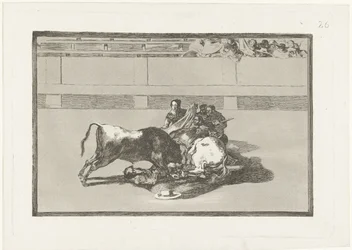 Picador byl sražen z koně a leží pod býkem Caida de un picador de su caballo debajo del toro La Tauromaquia (název série) Býčí zápasy (název seriálu)