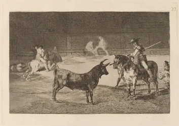 Slavný Fernando del Toro, barilarguero, nutící bestii svou tyčí (Slavný Picador, Fernando del Toro, přitahuje divokou bestii svým Piquem)