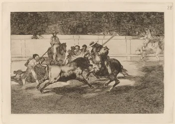 Nucený Rendon kousající býka, jehož osudu zemřel na madridském náměstí (The Forceful Rendon Bodl Bull with the Pique, from which Pass He Died in the Ring at Madrid)
